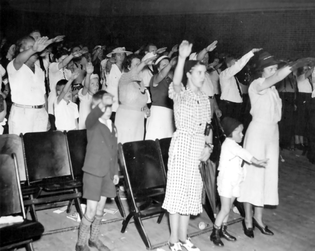Nazi in the USA - An audience gives the Hitler salute at the Bund headquarters in Kenosha, Wisconsin, in 1937