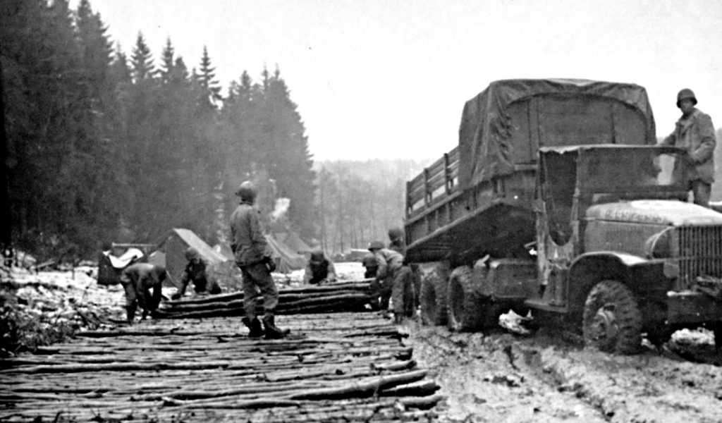 Engineers of the 4th Infantry Division construct corduroy road through the Hürtgen Forest, near Zweifall, Germany, Nov. 13, 1944