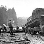 Engineers of the 4th Division construct corduroy road through the Hürtgen Forest, near Zweifall, Germany, Nov. 13, 1944.