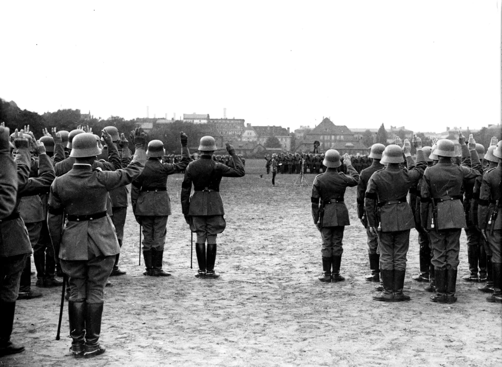 German soldiers swearing an oath of allegiance to Adolf Hitler at the Rathenower Strasse barracks in Berlin, August 2, 1934