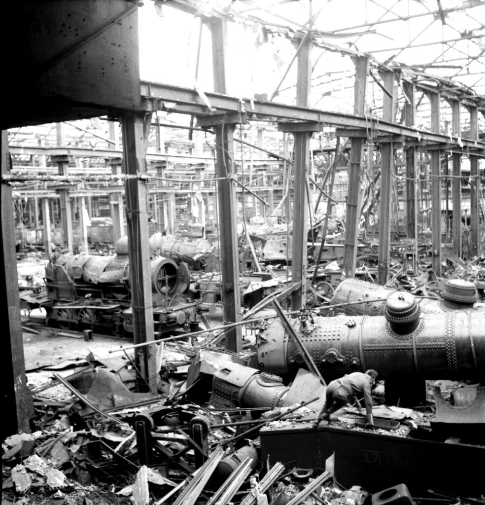 Part of the locomotive shop of the Krupps AG works at Essen, Germany, seriously damaged by Bomber Command in 1943, and further wrecked in the daylight raid of 11 March 1945