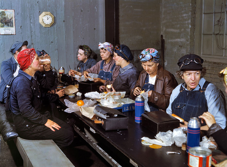 Women employed as roundhouse wipers having lunch, Chicago & North Western Railroad, Clinton, Iowa. Marcella Hart is at left, Mrs. Elibia Siematter at right. April 1943 Women employed as roundhouse wipers having lunch, Chicago & North Western Railroad, Clinton, Iowa. Marcella Hart is at left, Mrs. Elibia Siematter at right. April 1943