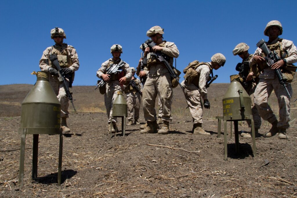 (Camp Pendleton, California)Marines serving with Bravo Company, 1st Combat Engineer Battalion, employ a 40-pound shape charge at Range 108 here, June 19, 2013. The company conducted a demolition training range where Marines learned about the capabilities of various explosives such as dynamite, TNT, shaped charges, and C4. The charges are used by engineers to destroy heavily armored vehicles, defensive obstacles, and bridges.