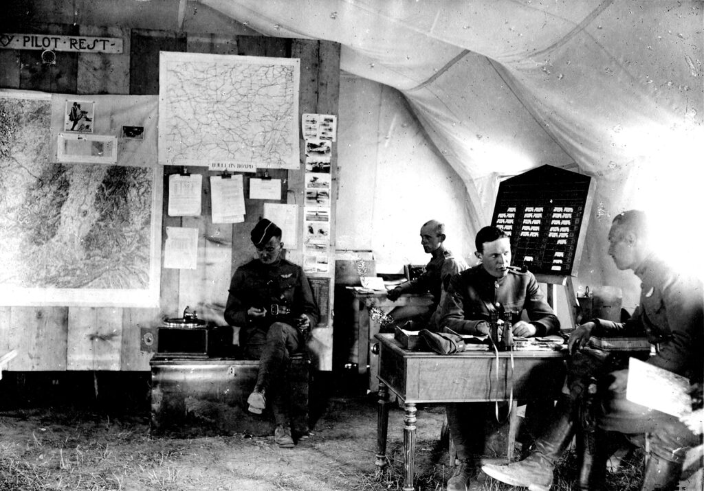 This image depicts the meager accommodations afforded the 147th Aero Squadron while serving in the Toul sector on the Western Front. This tent was home to the squadron’s Operations Office in May-June 1918. At the time, the pilots of the 147th were fresh from training at Issoudun and had just received their first French-built Nieuport 28 airplanes. The squadron flew its first mission over the line on May 31, 1918. (US Air Force photo)