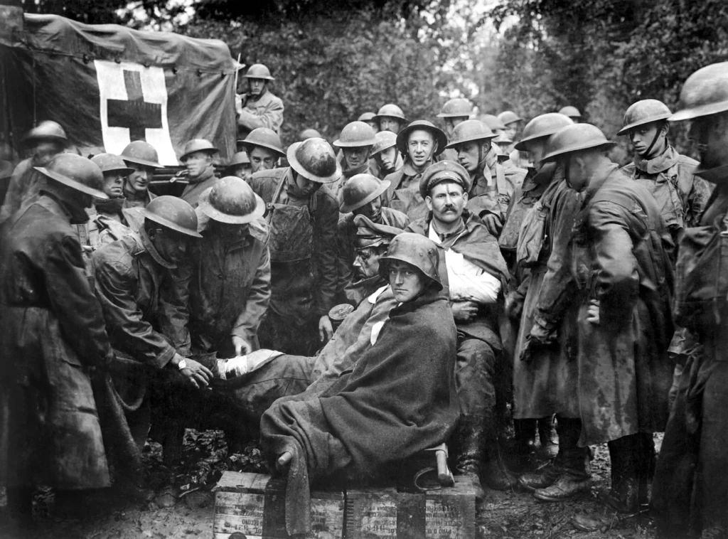 September 12th, 1918, German prisoners are treated by American soldiers during the Battle of Saint-Mihiel. American and French troops took St. Mihiel Salient in 36 hours and made 15000 prisoners