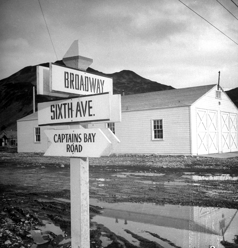 A street sign in the town of Unalaska during World War II A street sign in the town of Unalaska during World War II