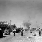 Destroyed German vehicles lining a road, France, 1944