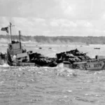 D-Day. A LCT(A)5 and LCT-6 of the types used to land the 743rd Tank Battalion near the Vierville draw on Omaha Beach