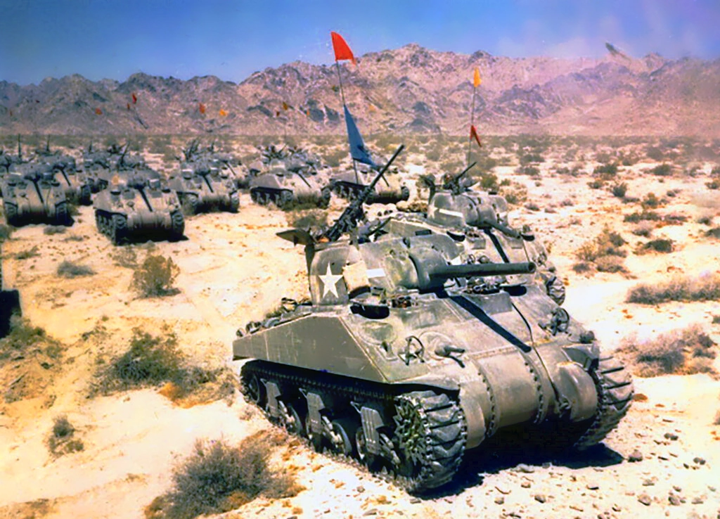 Desert Training Center - M-4 Sherman tanks take part in maneuvers in October 1942