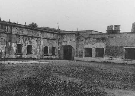 View of the courtyard in the Breendonk fortress prison where prisoners lined up for roll call. Breendonk, Belgium