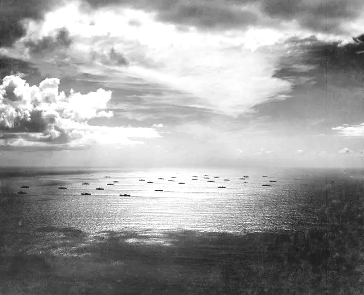 An Allied convoy moves eastward across the Atlantic bound for Casablanca, Africa, ca. November 1942. The sacrifice of Convoy SL-125 helped to ensure the success of Operation Torch. NARA-EUCMH