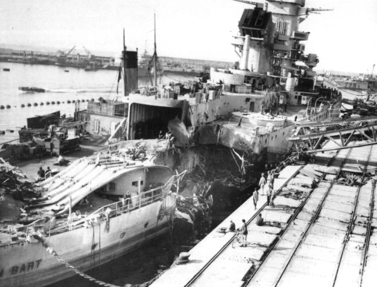 Damaged French Battleship Jean Bart in Casablanca Harbor