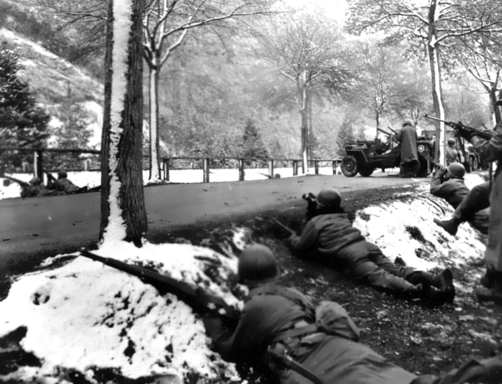 Fox Co 411-IR (103-ID) repel a German ambush attack on the road near the town of Climbach in the outskirts of Alsace on the border of France and Germany Fox Co 411-IR (103-ID) repel a German ambush attack on the road near the town of Climbach in the outskirts of Alsace on the border of France and Germany