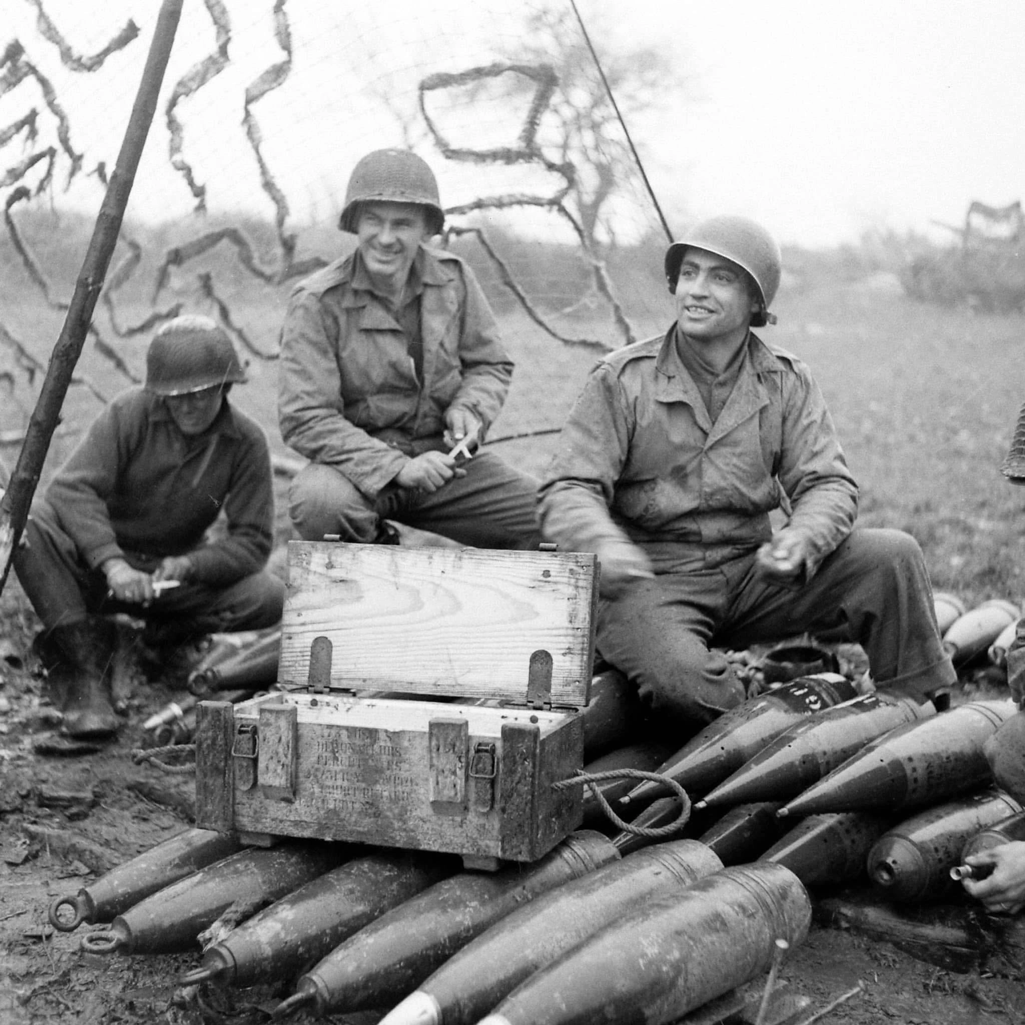 (Little Later Kornelimünster) Crew of an US M12 155mm Gun Motor Carriage installs fuzes into 155mm shells near Kornelimünster Germany (Little Later Kornelimünster) Crew of an US M12 155mm Gun Motor Carriage installs fuzes into 155mm shells near Kornelimünster Germany