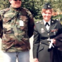 1994-Doc Snafu in Ste Mère Eglise France doing diplomatic relations with an American delicious Army Woman