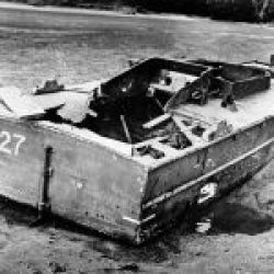 A Japanese “Shinyo”explosive suicide motorboat, destroyed by Navy PT boats during the Philippines campaign in January 1945.