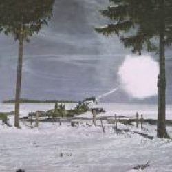 155-mm Gun M1A1 with Barrel Camouflaged with White Cloth Firing, Ardennes-Alsace Campaign, Battle of the Bulge, 1945