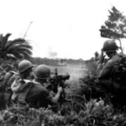 Heavy machine guns of 96th Division fire on Japanese positions on the southern front of Okinawa. 4 April, 1945. 96th Infantry Division