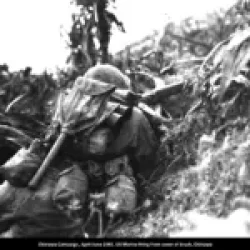 Okinawa Campaign, April-June 1945. U.S. Marine firing from cover of brush, Okinawa