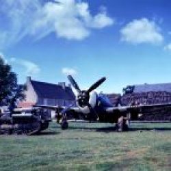 P-47 Thunderbolt undergoing maintenance at airfield A-3 near Cardonville in Normandy, August 1944.