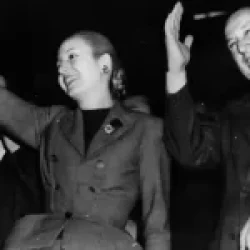 President Juan Perón and his wife, Eva, wave to a demonstration in their honour in Buenos Aires.
